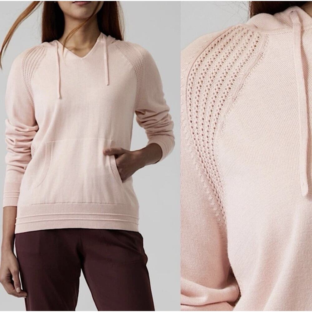 Athleta Evergreen Knit Hoodie Sweater Womens Medium Blush Pink Kangaroo Pocket